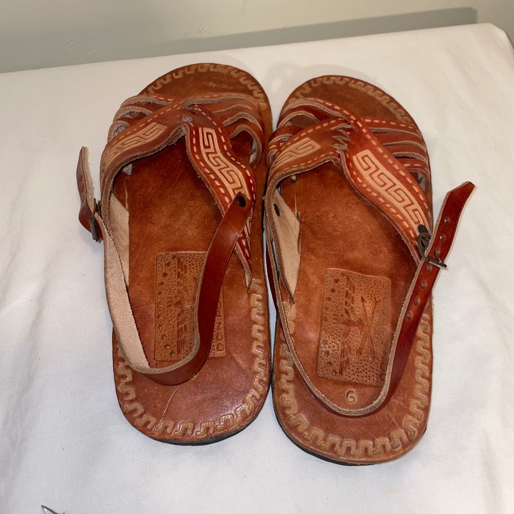 Don Porfirio Leather Huarache Sandals Tan Greek Key Etched Mens 8